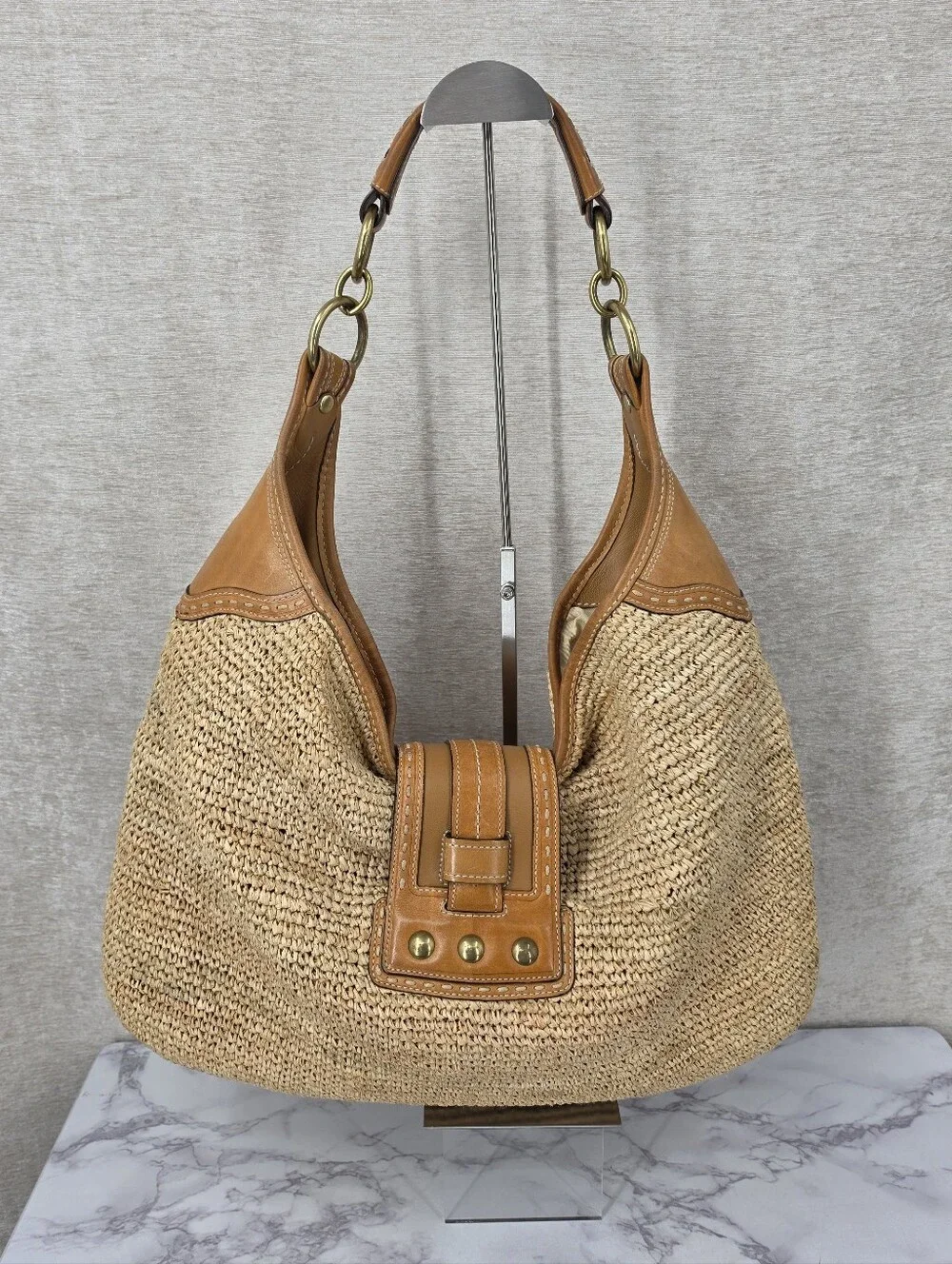Coach Bleecker Millie Straw Raffia Leather Hobo Bag Summer Coastal Preppy